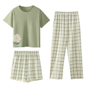 100% Cotton Pajama Set 3Pcs ToP with Built-in Bra Removable Pad PJ Pants Shorts